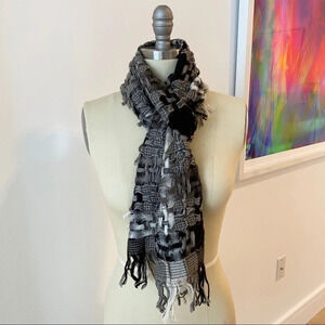 Grey Black White Plaid Chinky Fringe Winter Scarf